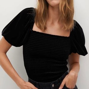 MANGO Smocked Velvet Puff Sleeve Top